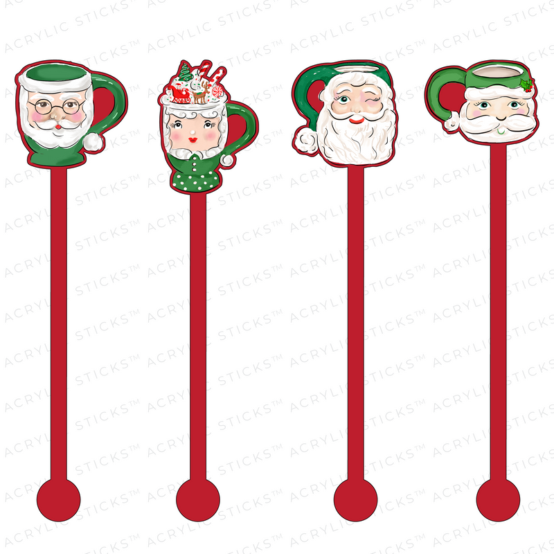 MERRY SANTA MUGS GREEN ON RED ACRYLIC STIR STICKS COMBO