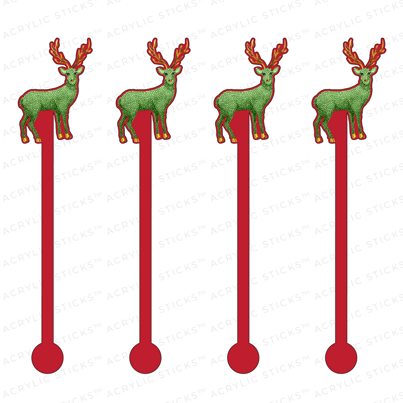 GREEN GLITZY GLAM REINDEER ON RED ACRYLIC STIR STICKS