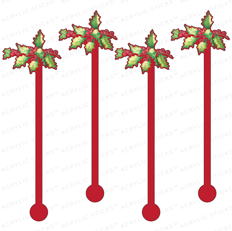 CHRISTMAS HOLLY ON RED ACRYLIC STIR STICKS