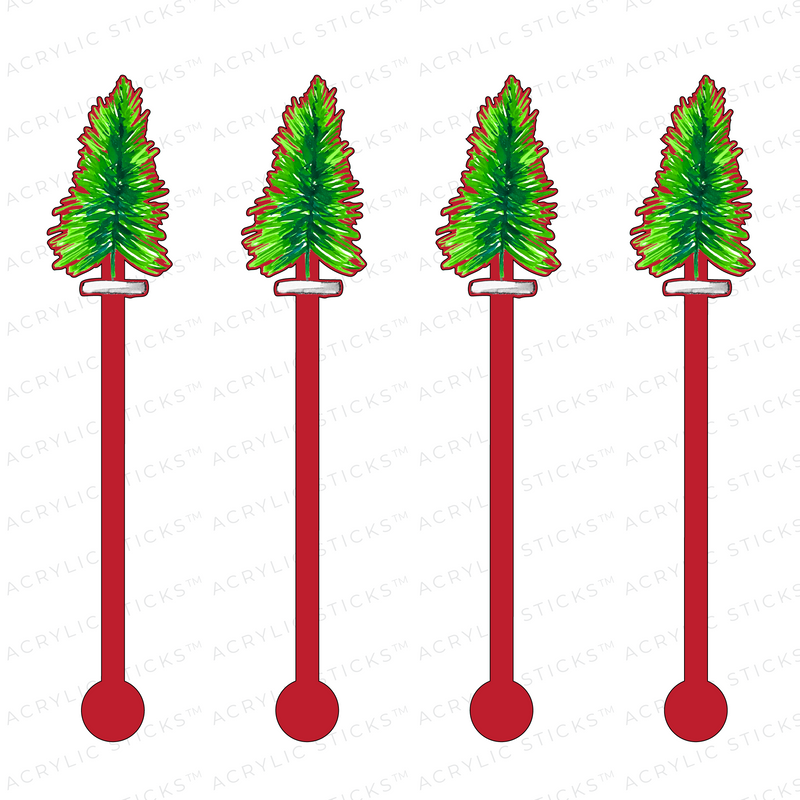 GREEN BOTTLE BRUSH CHRISTMAS TREE ON RED ACRYLIC STIR STICKS