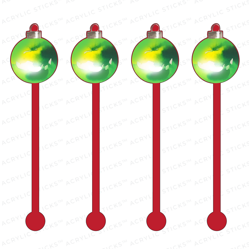 GREEN ORNAMENT ON RED ACRYLIC STIR STICKS