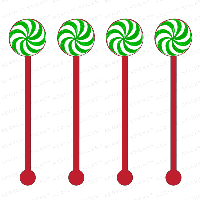 GREEN PEPPERMINT ON RED ACRYLIC STIR STICKS